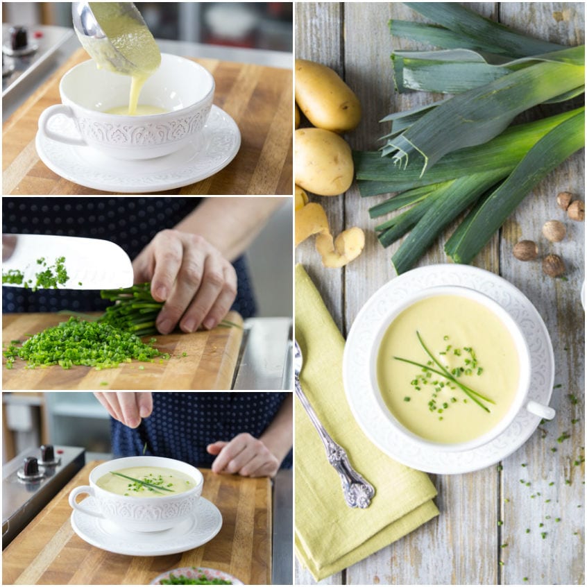 Vichyssoise versata in tazza, erba cipollina tritata sul tagliere e guarnizione finale della zuppa