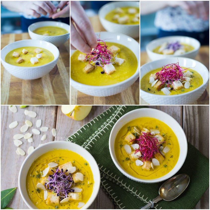 Zuppa di porri, finocchi e mele guarnita con crostini, germogli viola e mandorle a lamelle