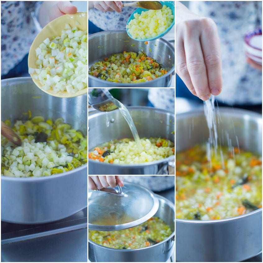 Verdure a dadini versate in pentola, brodo aggiunto e zuppa che sobbolle coperta con coperchio