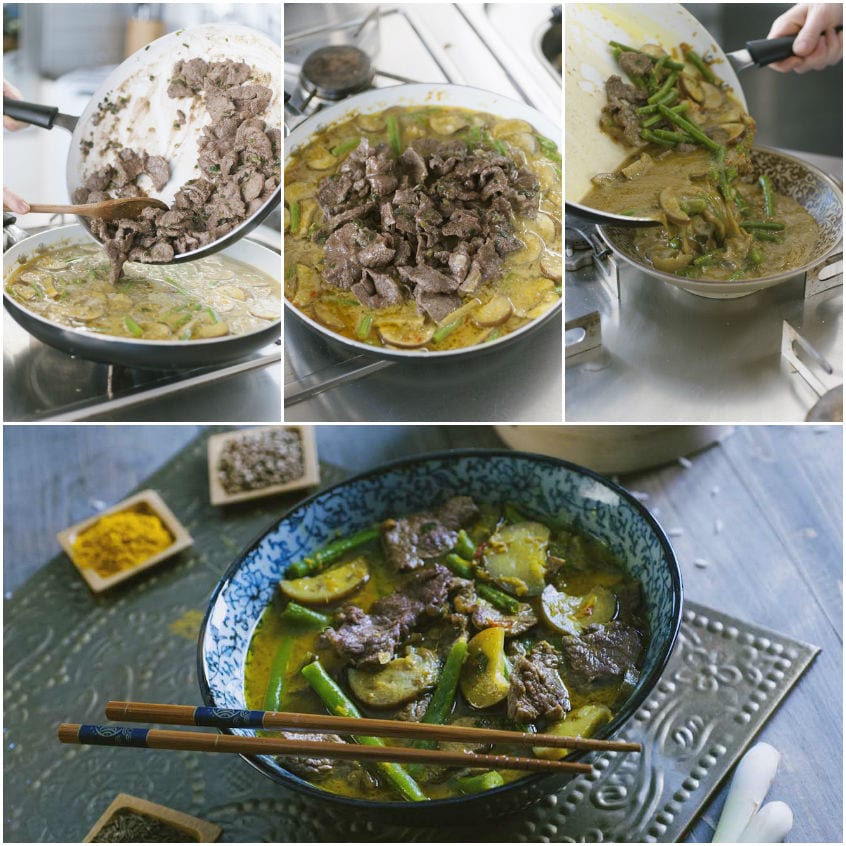 Straccetti di manzo aggiunti al curry giallo con zucchine e fagiolini in padella