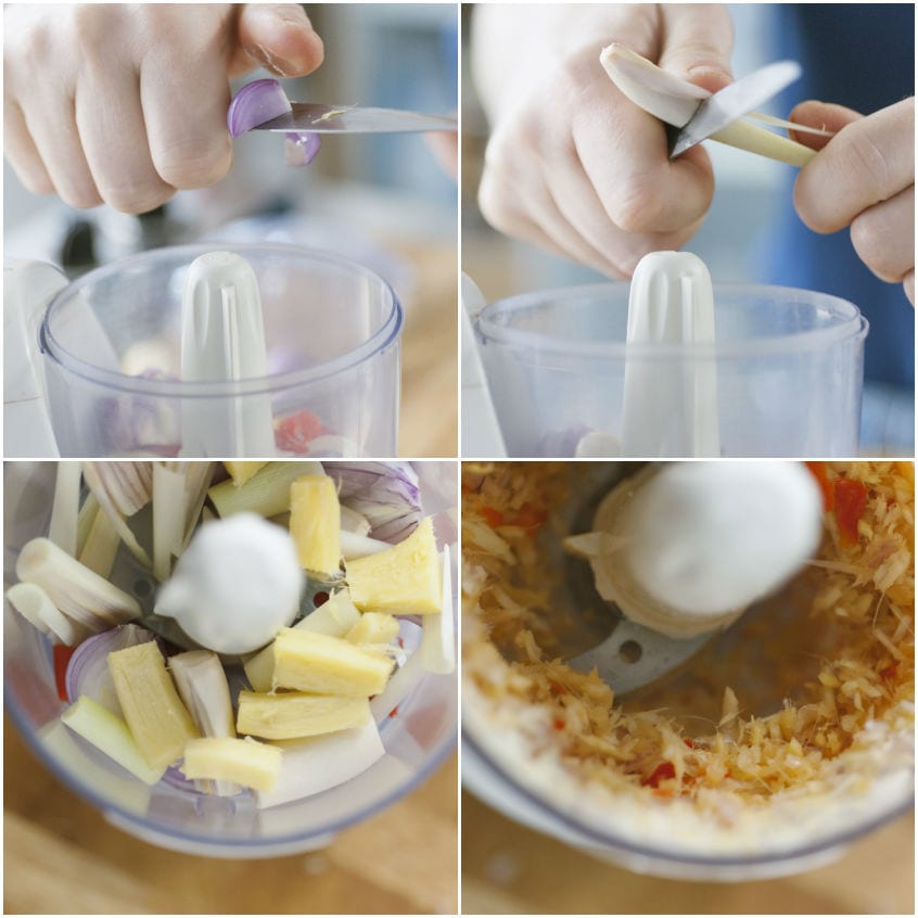 Cipolla rossa, scalogno, lemongrass e altri aromi tritati nel food processor fino a ottenere una pasta