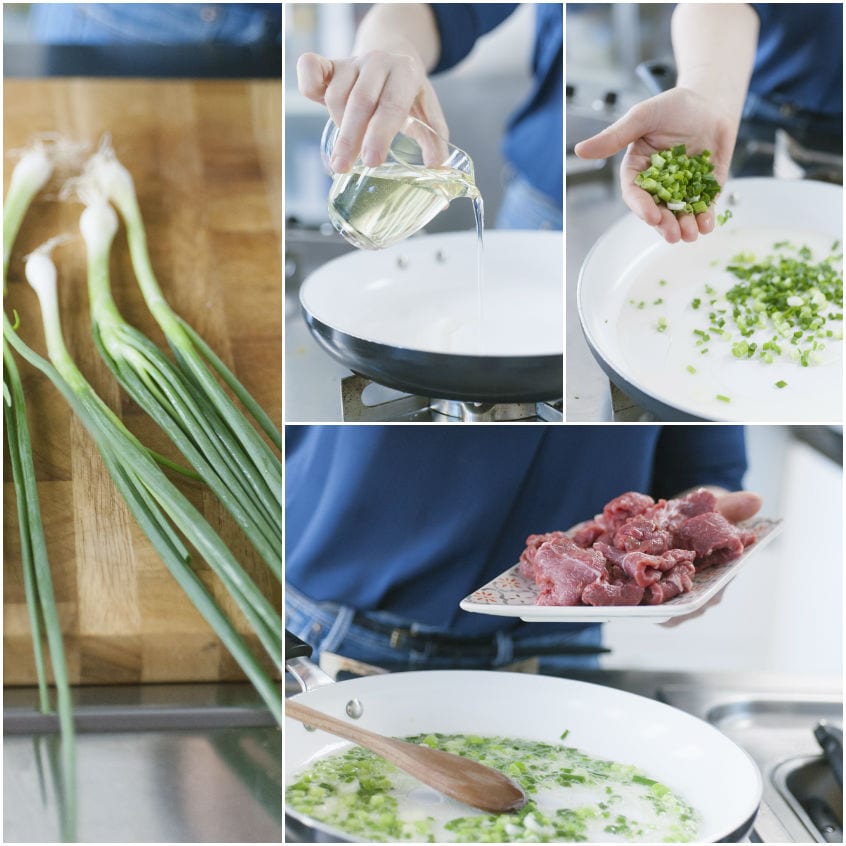 Cipollotti freschi, olio versato in padella e manzo a fette pronto da aggiungere al soffritto