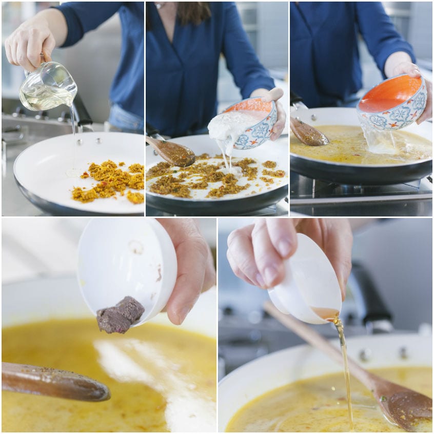 Aggiunta di latte di cocco, pasta di gamberi e salsa di pesce al curry in padella