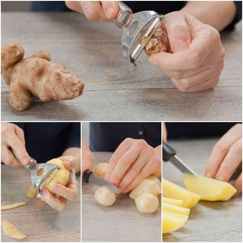 Mani che pelano topinambur e patate, poi li tagliano a tocchetti e spicchi