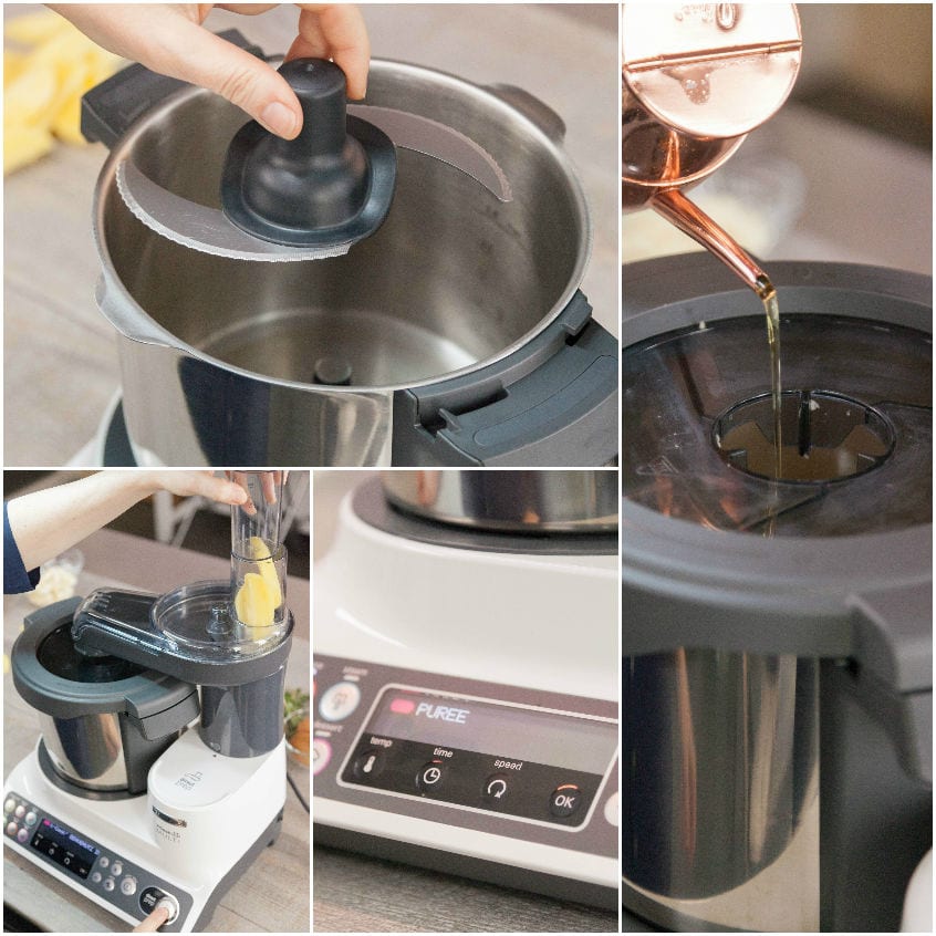 Olio versato nel robot da cucina mentre si seleziona il programma Puree sul display