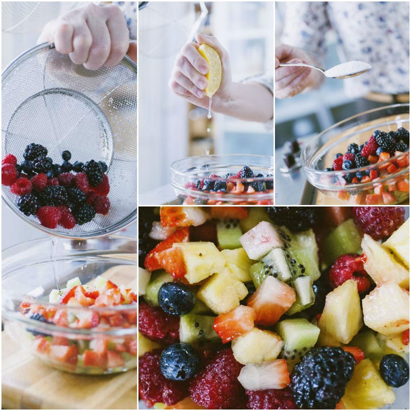 Frutti di bosco scolati, succo di limone spremuto e frutta mista mescolata in ciotola