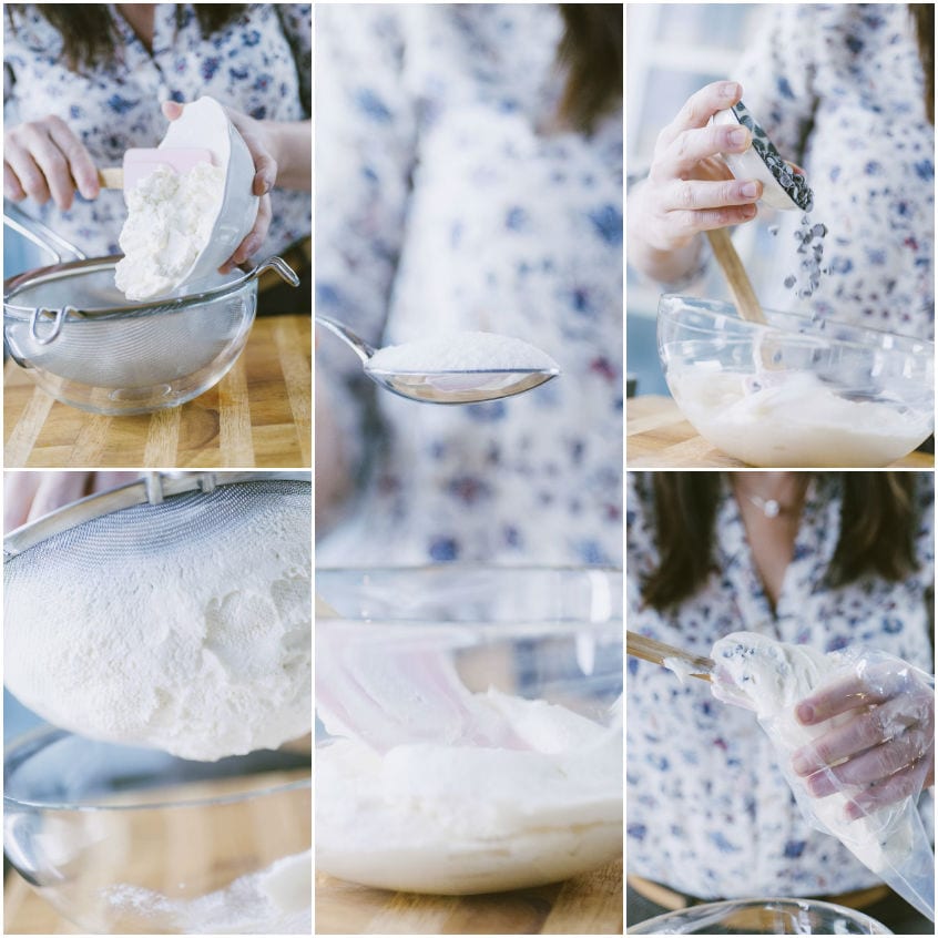 Ricotta setacciata in una ciotola, poi mescolata con zucchero e gocce di cioccolato e trasferita in sac à poche