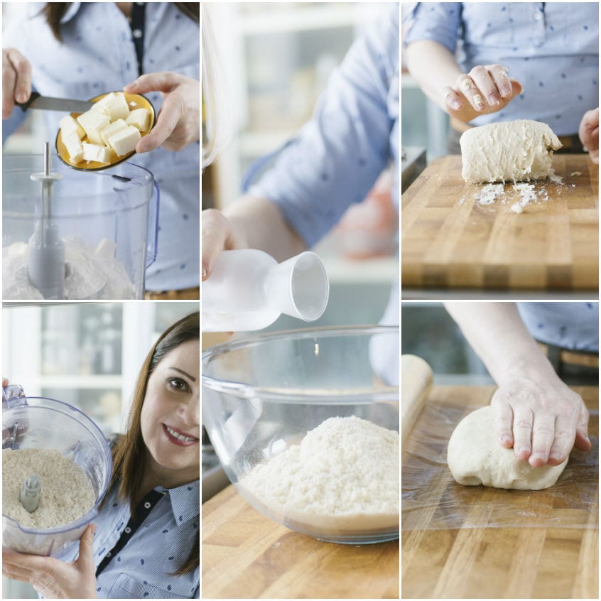 Preparazione della pasta brisé, dal burro sabbiato alla farina fino al panetto avvolto nella pellicola