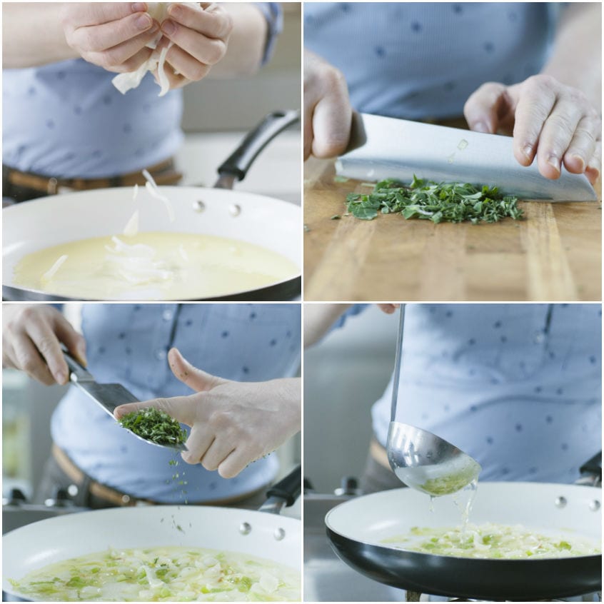 Cipollotti affettati in padella con erbe tritate ed brodo caldo versato con il mestolo