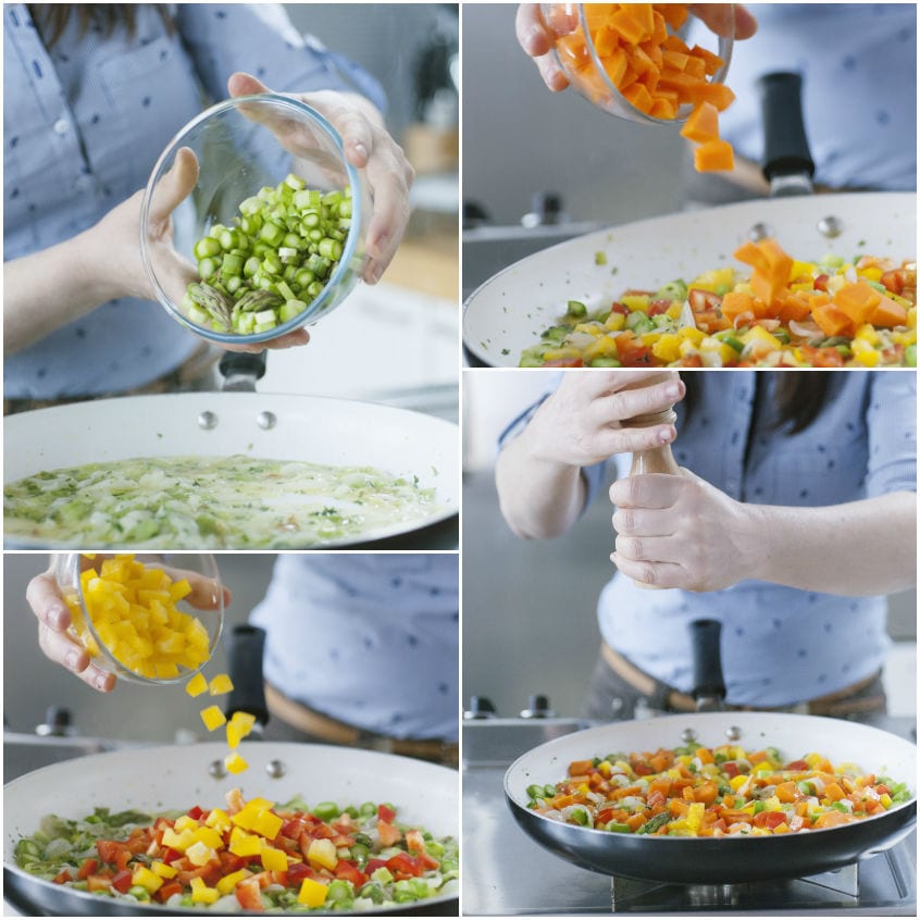 Verdure a cubetti versate in padella per il ripieno della quiche