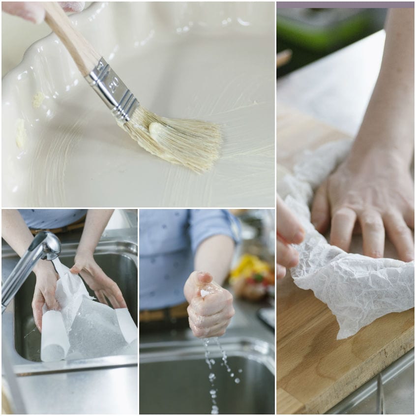 Sequenza di gesti per imburrare lo stampo e bagnare la carta forno prima di foderarlo