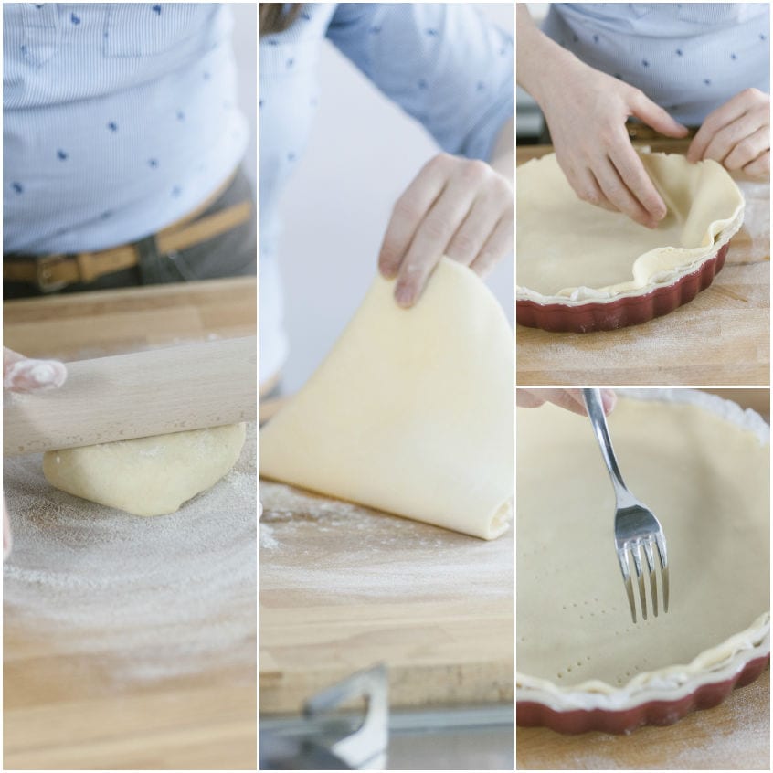 Stesura e sistemazione della pasta brisé nello stampo, bordi rifiniti e fondo bucherellato con la forchetta