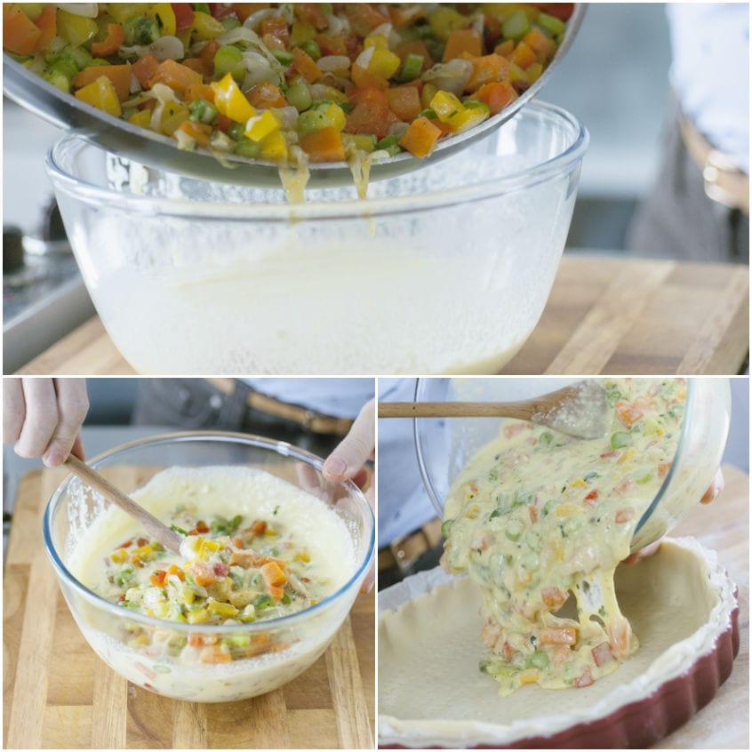 Verdure saltate unite alla crema di uova, poi versate nel guscio di pasta per la quiche