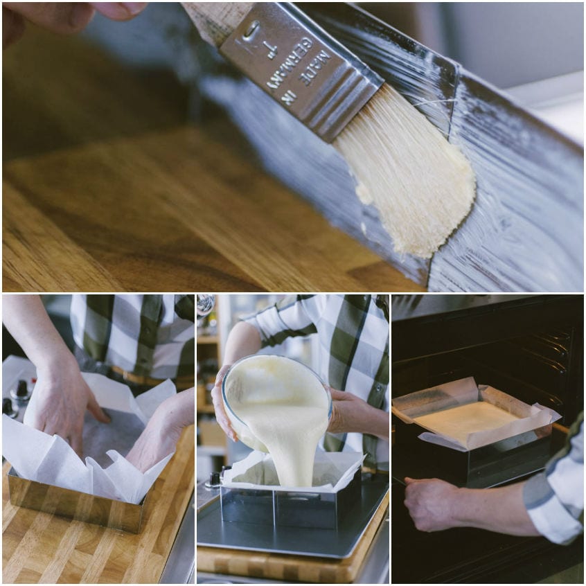 Stampo foderato con carta forno, composto cremoso versato e teglia infornata per la torta magica alla vaniglia