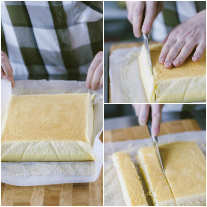 Torta magica sformata e tagliata a strisce con una lama sottile