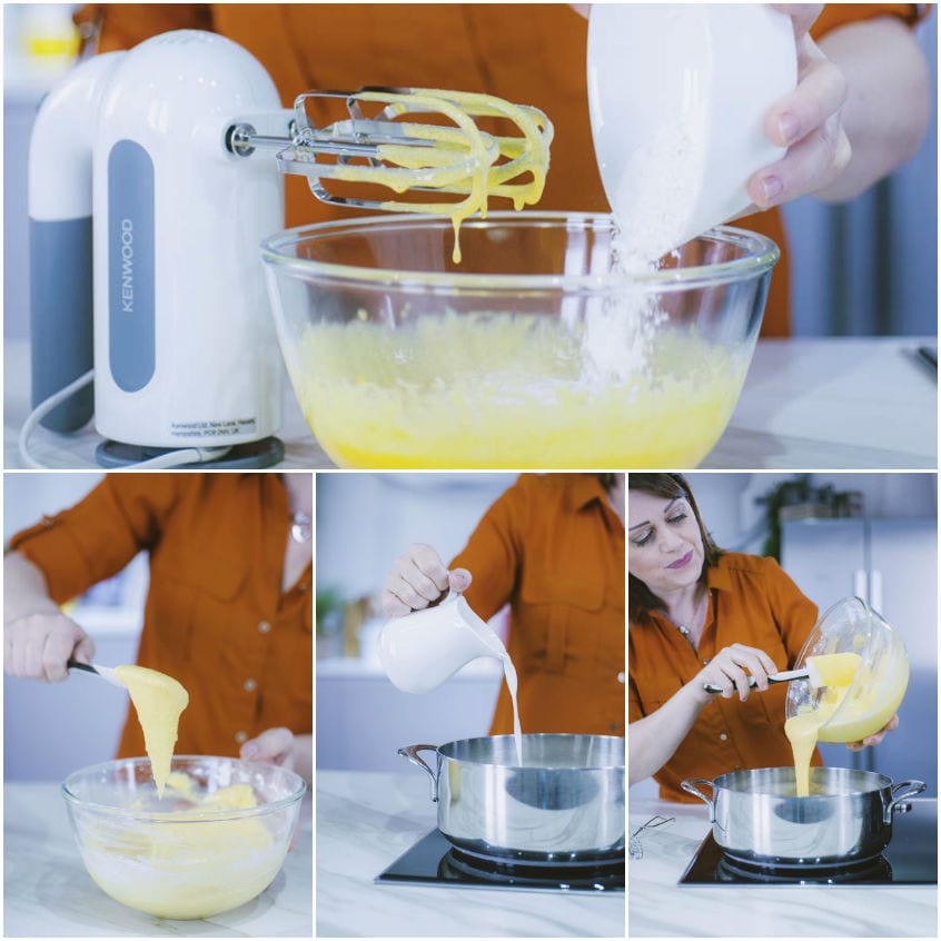 Preparazione della crema pasticcera: uova montate con amido, latte versato in pentola e composto amalgamato