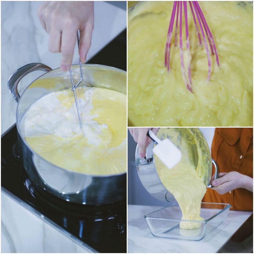 Crema pasticcera densa mescolata a fuoco e poi versata in una pirofila con una spatola