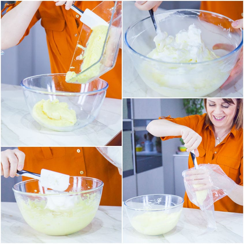 Crema chiboust preparata incorporando la meringa nella crema pasticcera e trasferita in sac à poche