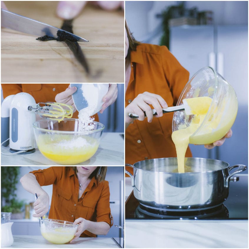 Preparazione della crema chiboust: semini di vaniglia, amidi setacciati sui tuorli e composto versato in pentola