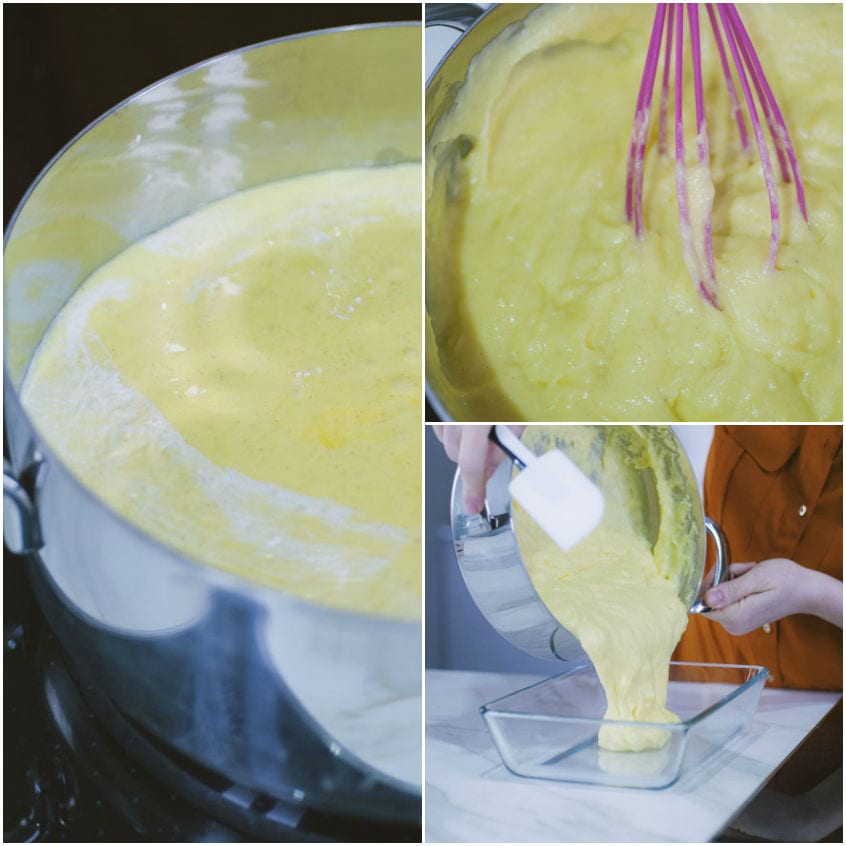 Crema chiboust montata a frusta in pentola, poi versata in pirofila con una spatola