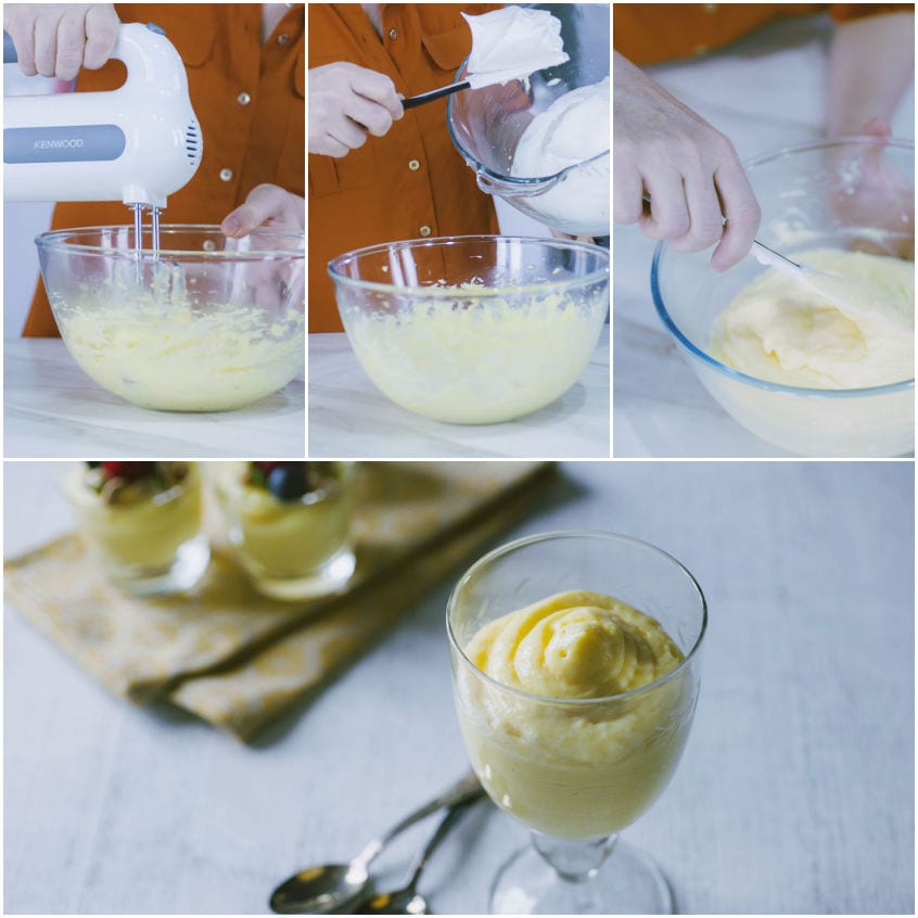 Crema chiboust soffice servita in coppa, con la meringa incorporata alla crema pasticcera