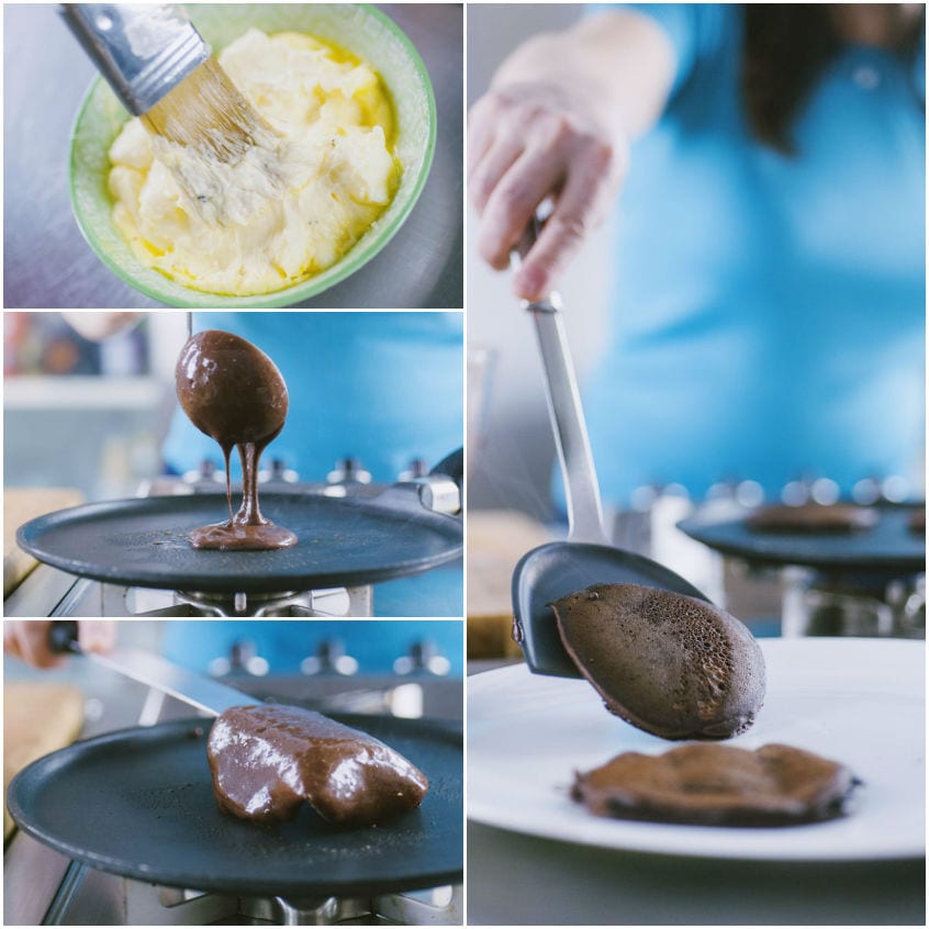 Pastella al cacao versata sul piano caldo e pancake sollevato con la spatola
