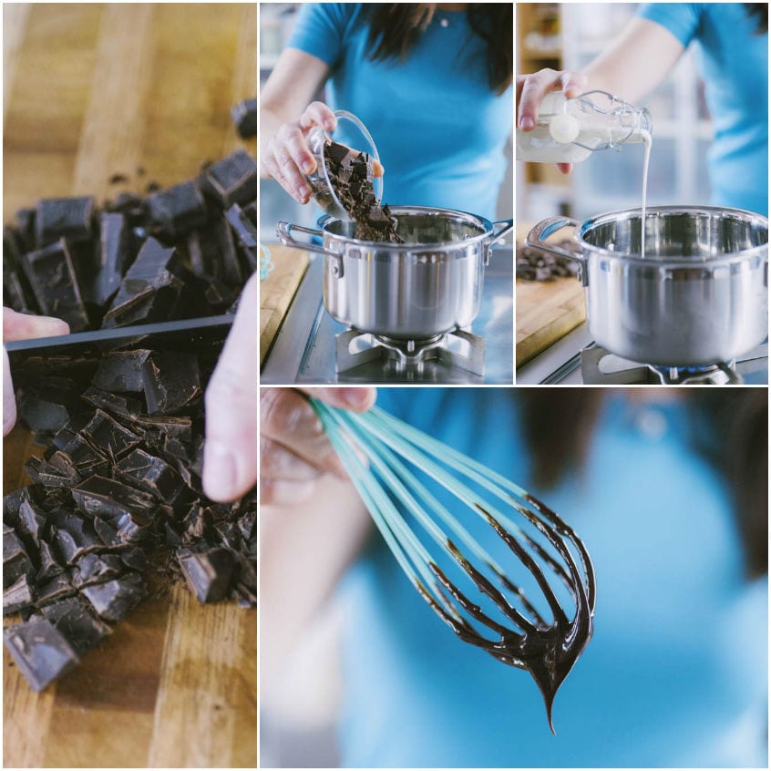 Cioccolato fondente tritato, poi fuso in pentolino con panna e mescolato fino a ottenere una ganache lucida