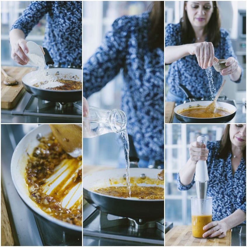 Preparazione della salsa brava: farina in padella, acqua versata, sale aggiunto e frullatura a immersione