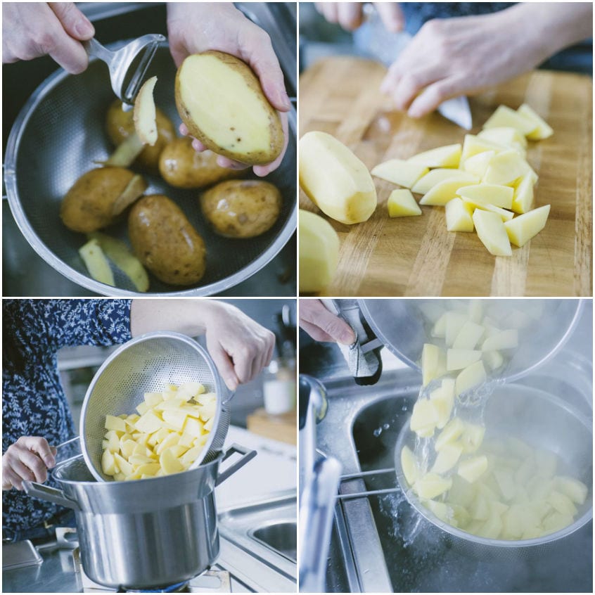 Patate pelate, tagliate a tocchi e versate in acqua bollente per la cottura
