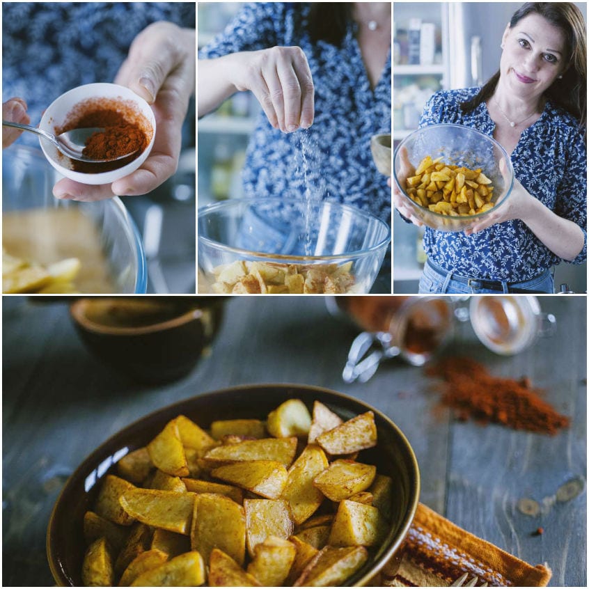 Spicchi di patate dorati conditi con paprika e sale in una ciotola, pronti da servire