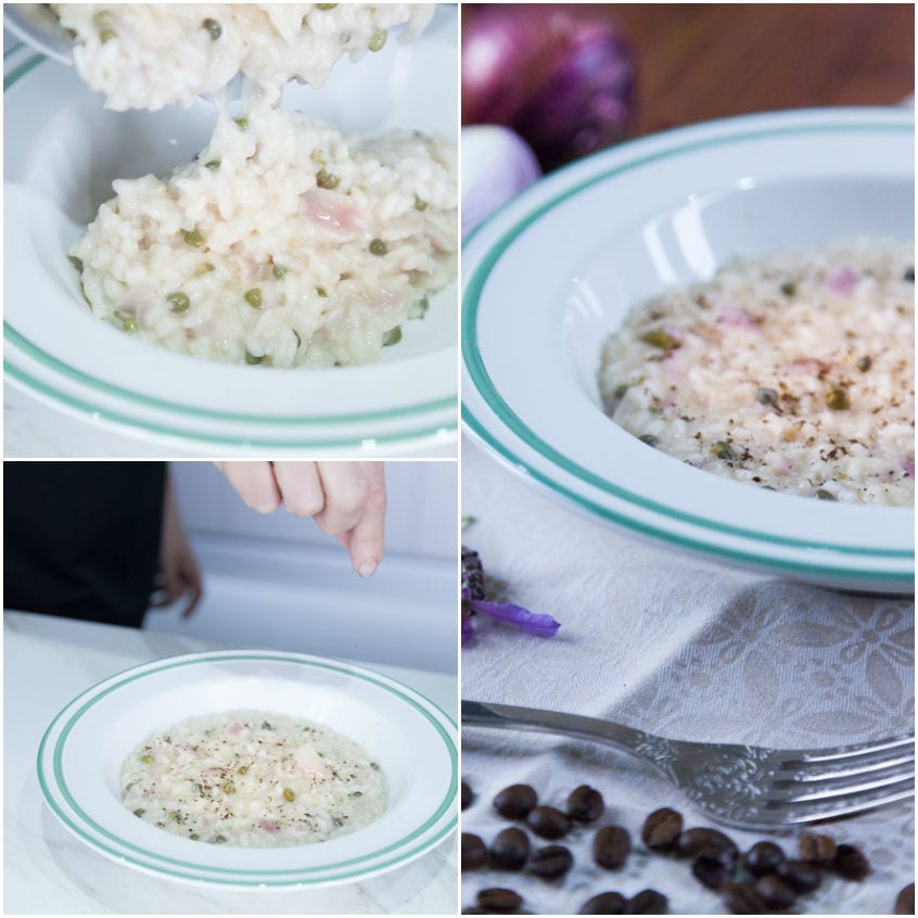 Risotto mantecato con capperi e cipolla rossa impiattato con una spolverata di caffè macinato