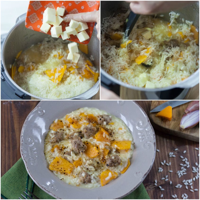Mantecatura del risotto con zucca e salsiccia: cubetti di burro e parmigiano grattugiato vengono incorporati al riso