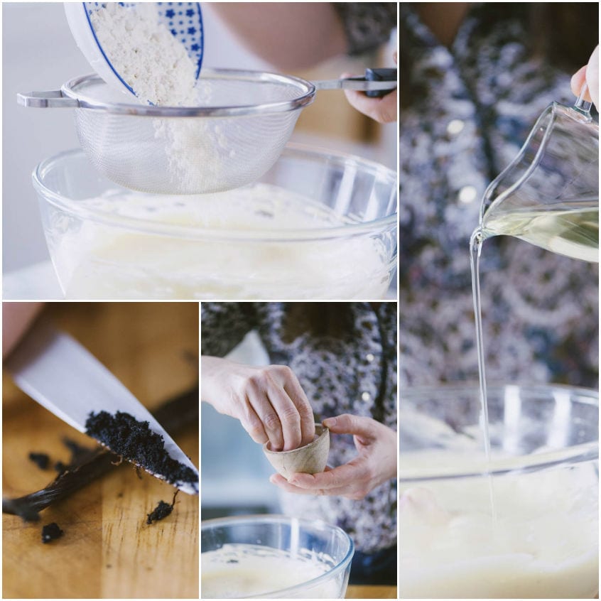 Fasi di preparazione dell'impasto per rotolo di cassata: farina setacciata, semi di vaniglia e olio versato nel composto