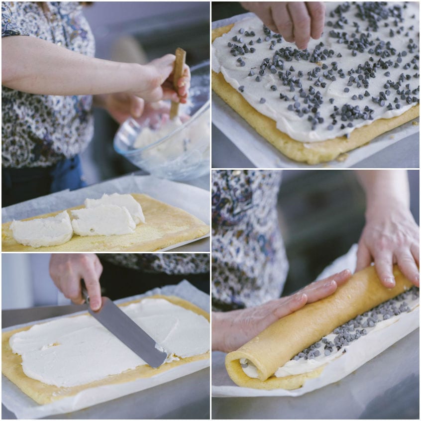 Fasi di preparazione del rotolo di cassata: crema spalmata, gocce di cioccolato e arrotolamento del pan di spagna