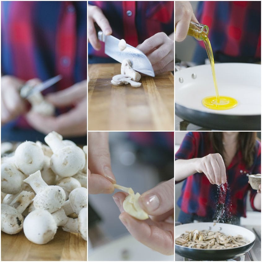 Funghi champignon puliti, affettati e saltati in padella con olio e aglio