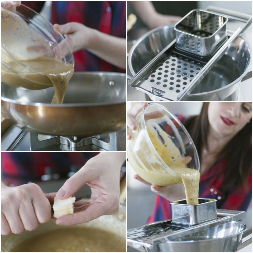 Impasto per spatzle versato nell'apposito attrezzo forato per formare le gocce in acqua