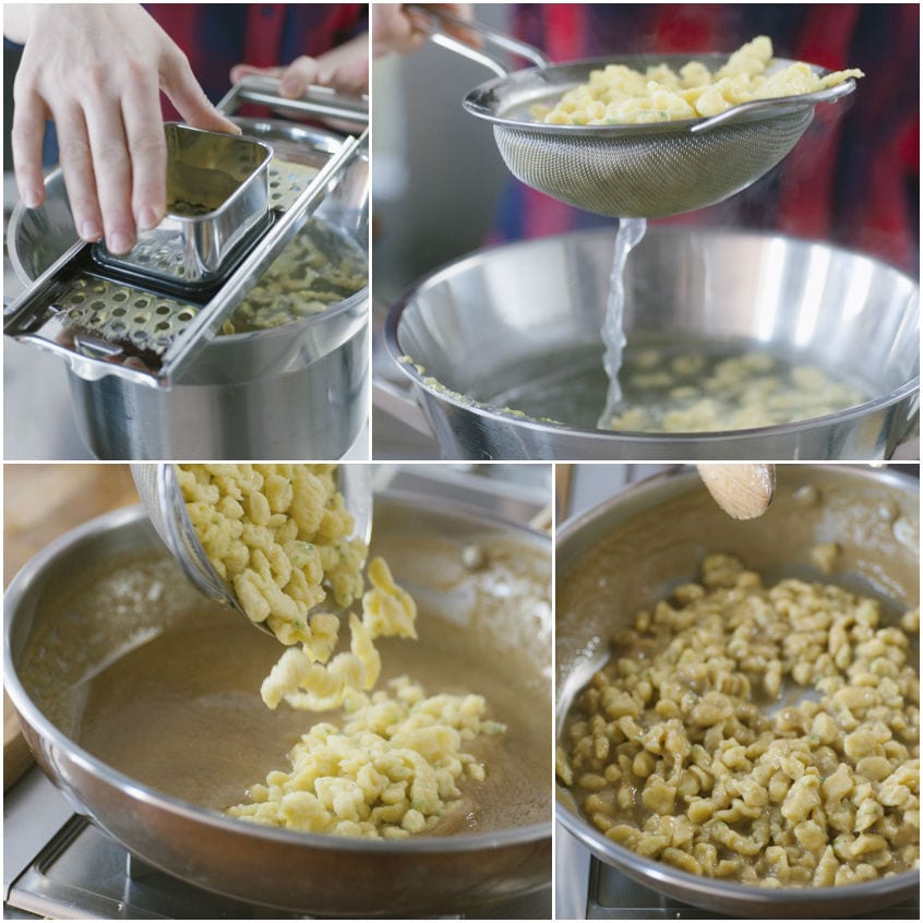 Spätzle scolati e saltati in padella con burro fino a doratura uniforme