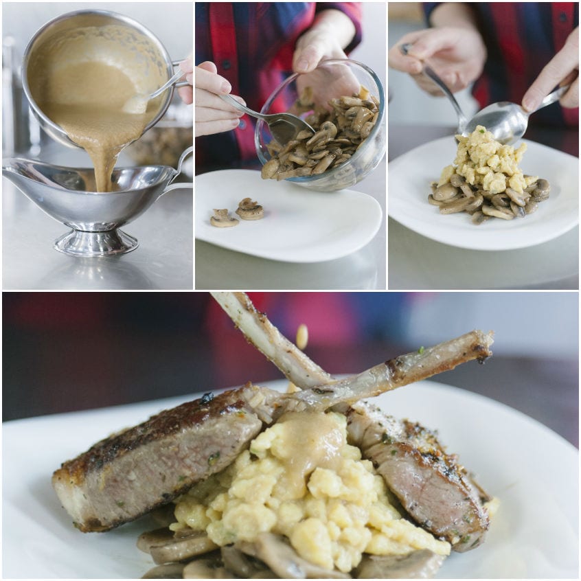 Impiattamento delle costolette d'agnello con spatzle, funghi e salsa versata a parte