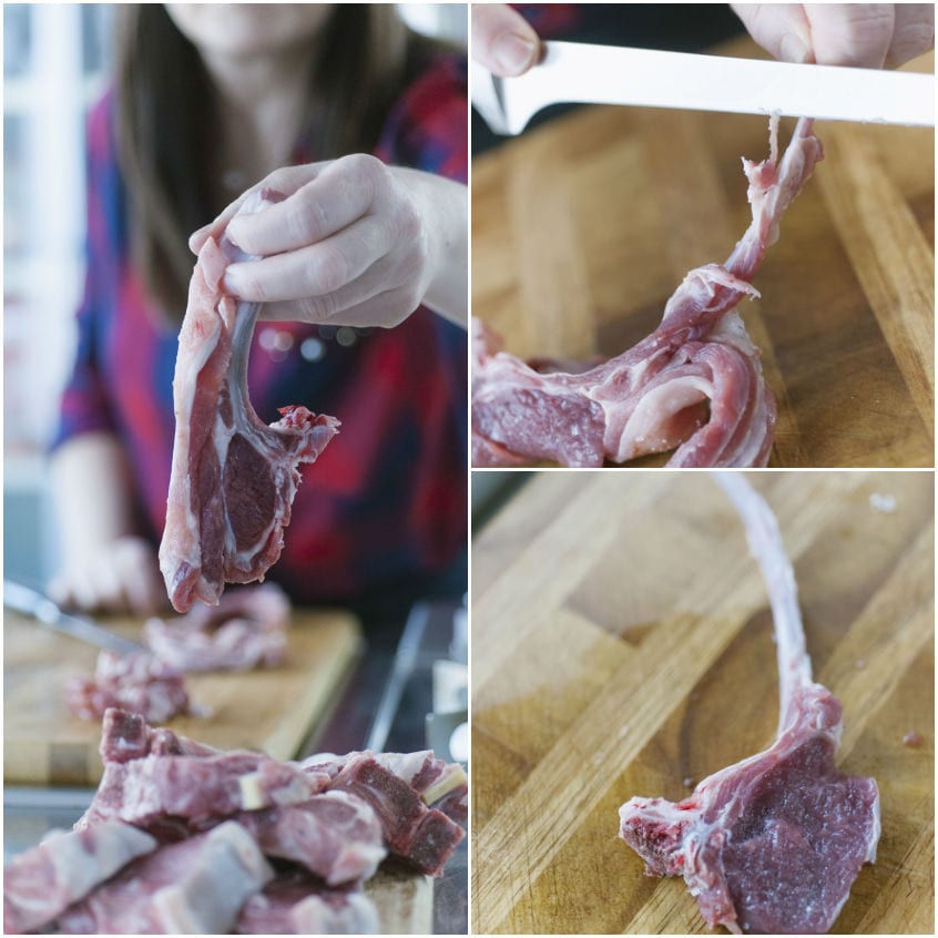 Pulizia delle costolette d'agnello: si rimuovono cartilagini e membrane dall'osso