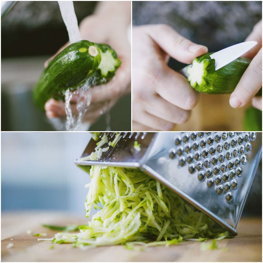 Zucchine lavate, mondate e grattugiate a julienne con una grattugia a fori larghi