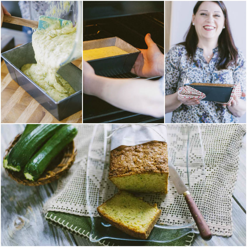 Impasto di zucchini bread versato nello stampo, poi infornato e infine affettato con zucchine fresche accanto