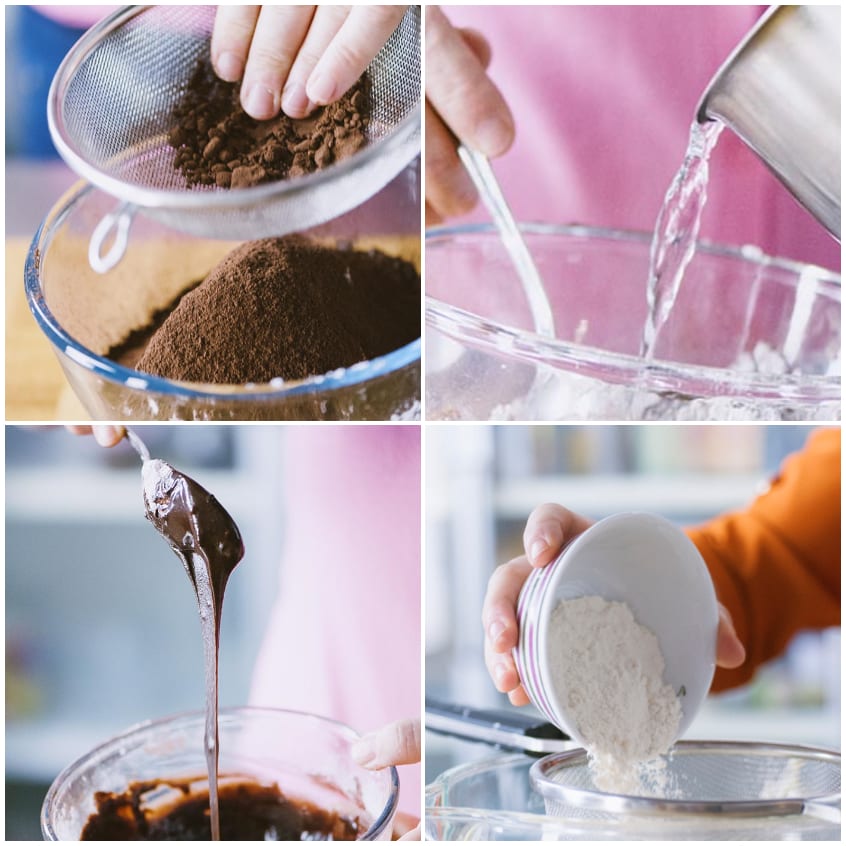 Cacao setacciato, acqua versata, impasto al cioccolato colante e farina aggiunta per la pasta biscotto dello zuccotto