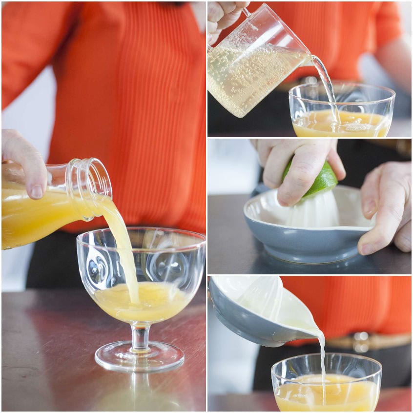 Succo di ananas versato in un calice, poi ginger ale e succo di lime spremuto aggiunti al drink