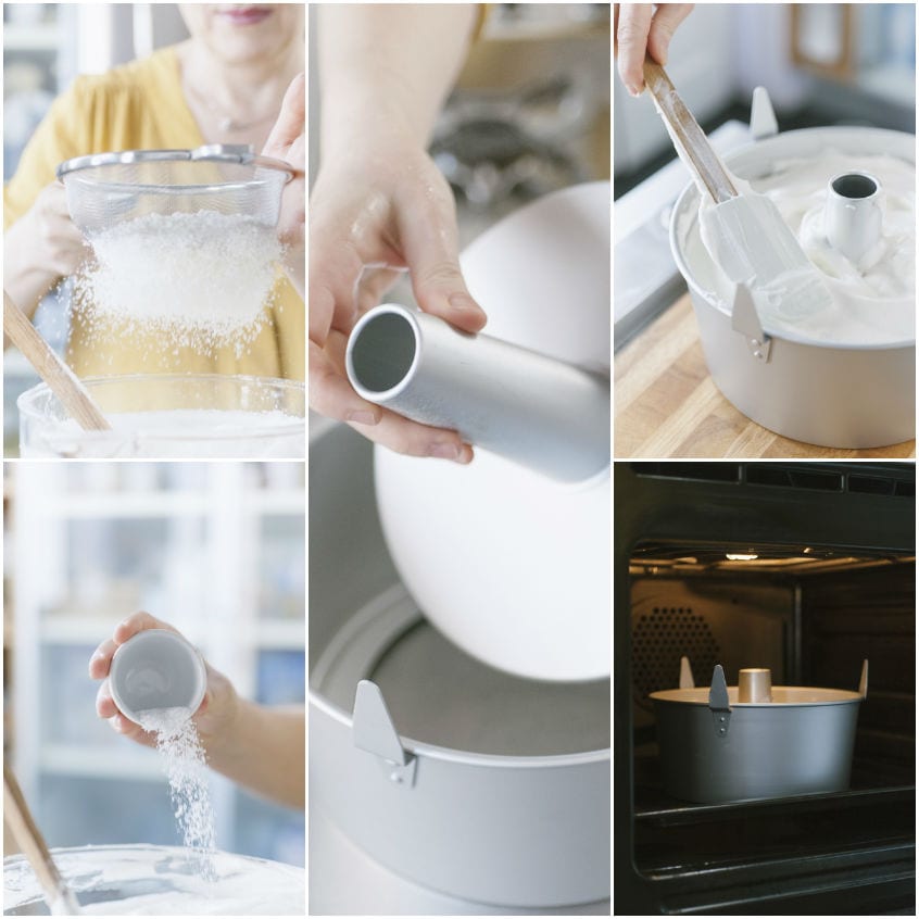 Farina setacciata nell'impasto, composto versato nello stampo e angel cake pronta per il forno