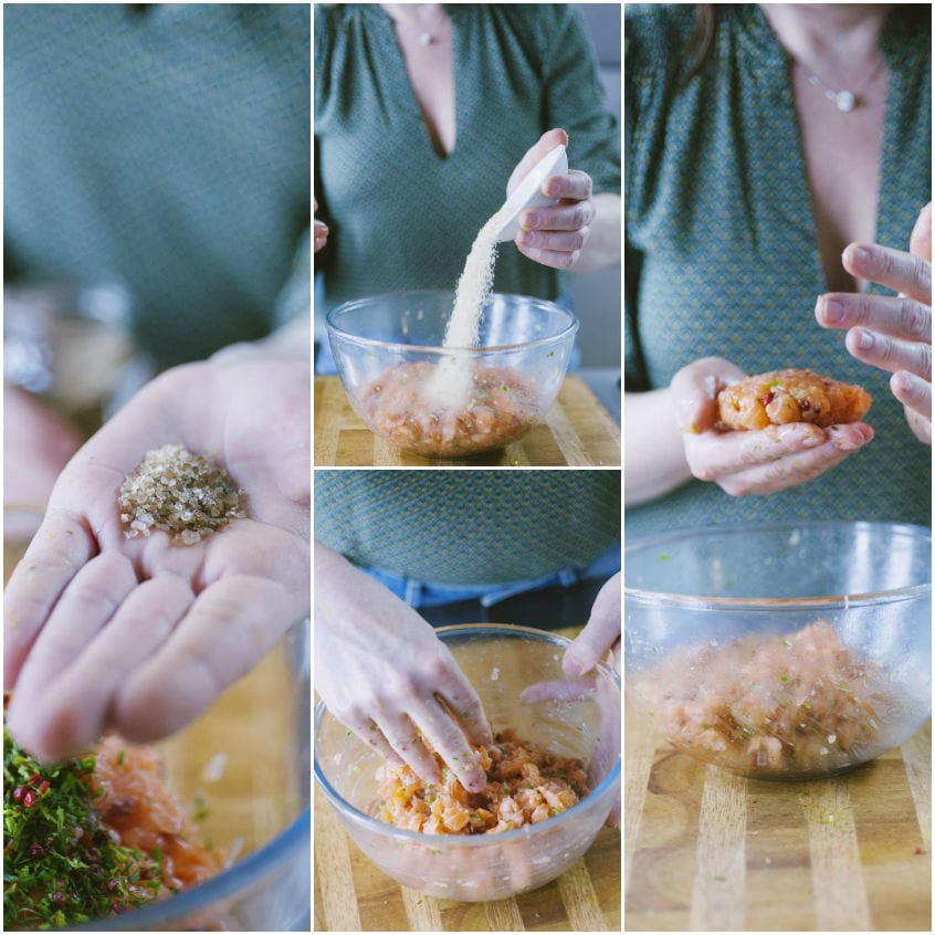 Mani che impastano il composto di salmone e formano un medaglione