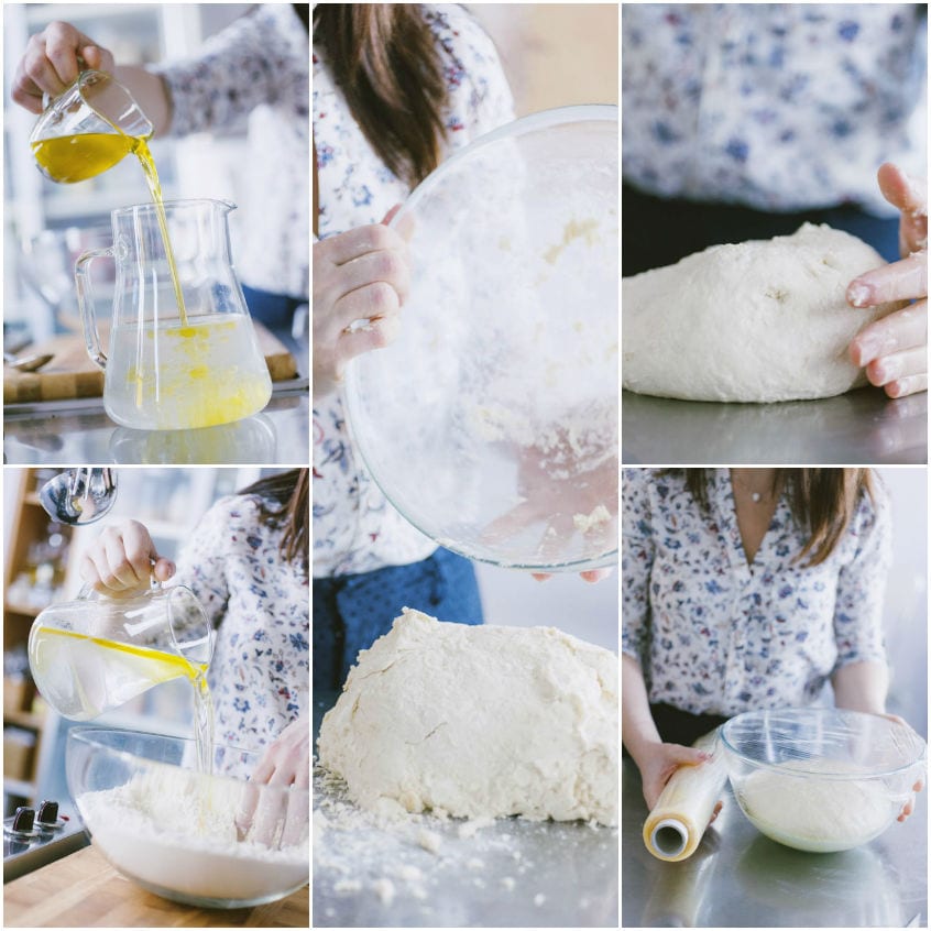Impasto del calzone in ciotola oliata coperta con pellicola in lievitazione