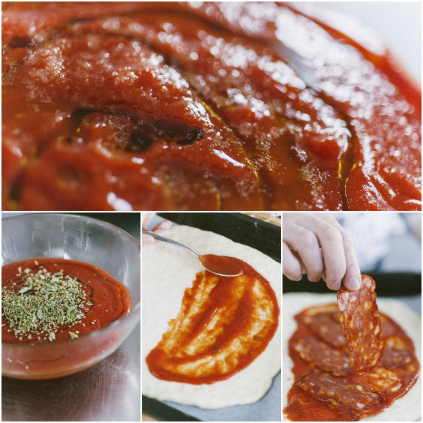 Disco di pasta farcito con passata condita, fette di salame e cubetti di provola