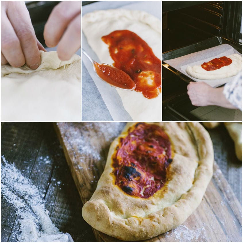 Calzone richiuso a mezzaluna con bordi sigillati e pomodoro spalmato in superficie