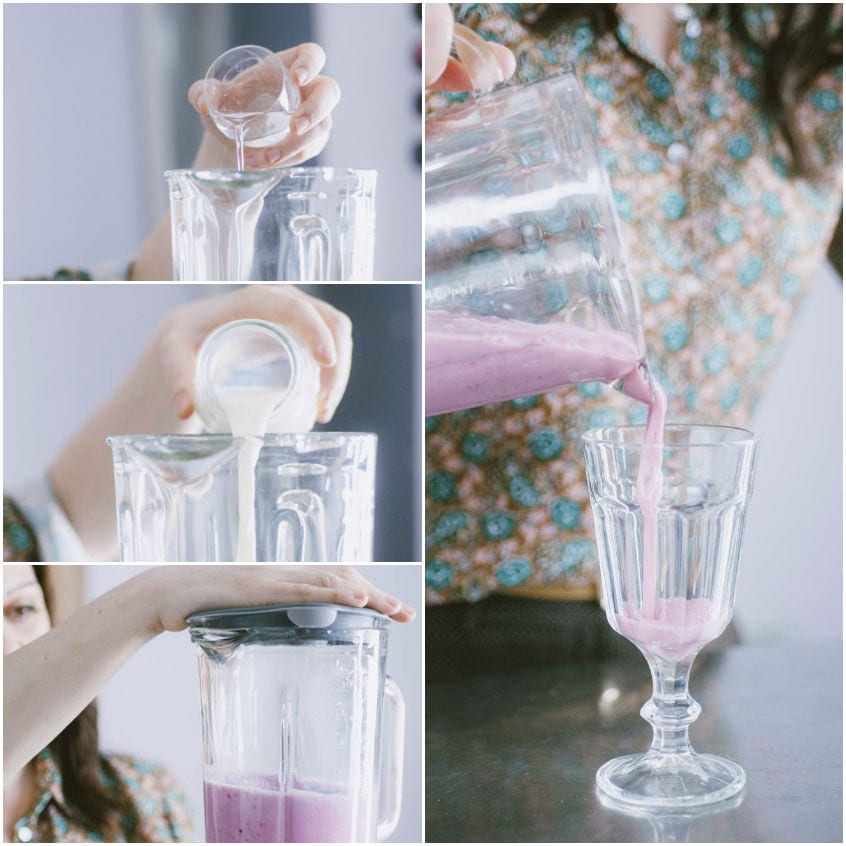 Latte versato nel frullatore con il composto rosa di lamponi, poi frappè versato nel bicchiere
