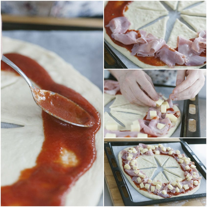 Salsa di pomodoro spalmata sulla base, poi prosciutto cotto e dadini di formaggio disposti a corona